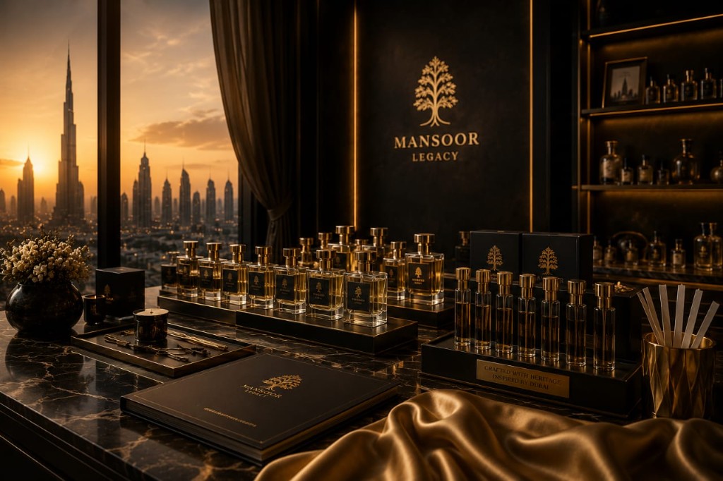 Mansoor Legacy UAE atelier — luxury fragrance display with UAE skyline at golden hour